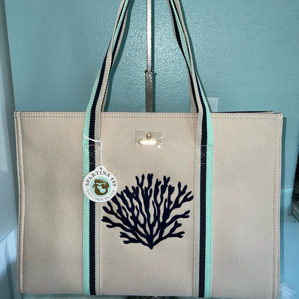 Spartina cream with embroidered coral tote bag new with tags